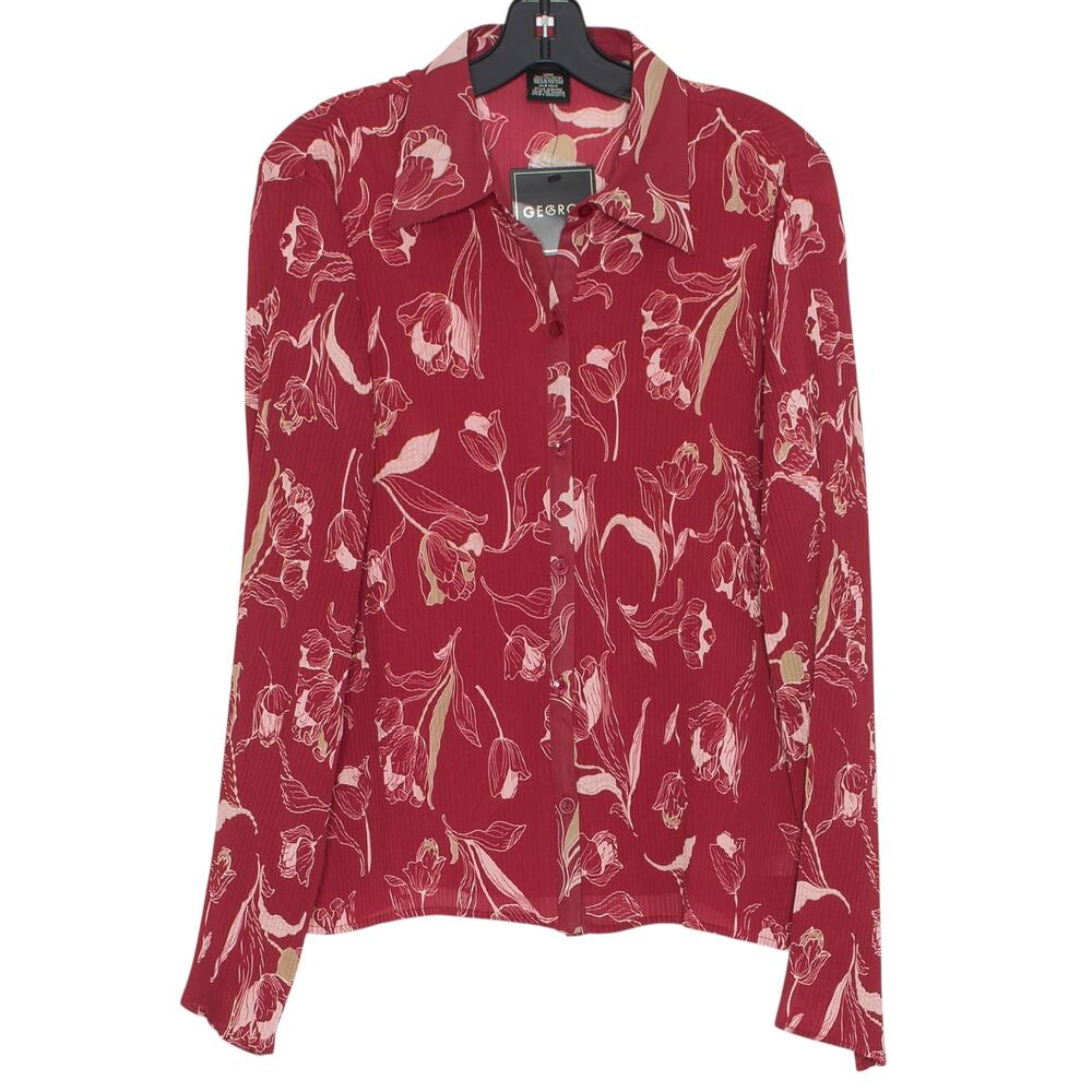NWT Top Floral Sheer Whimsigoth Academia Cottage Romantic Button Up Red Large